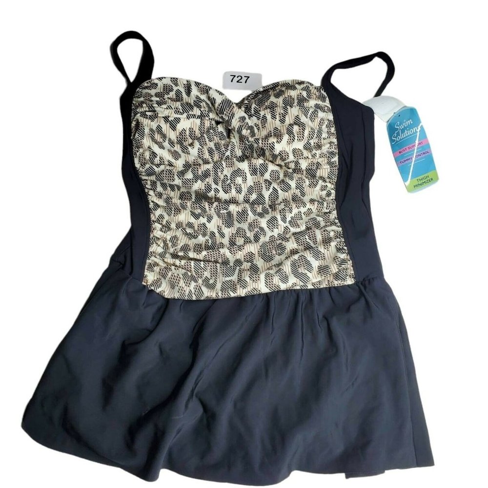 Swim Solutions Womens Skirted Swimsuit Black Brown Leopard Tummy Control 14 New